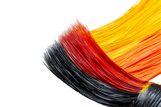 Vibrant, flowing brushstrokes: Black, Red, and Yellow pigments on white backdrop.