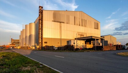 Fototapeta premium Industrial Warehouse Building with Silos at Sunset in Urban Setting