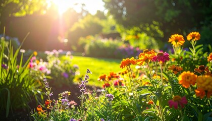 Obraz premium Vibrant Flowers in a Lush Garden at Sunrise with Soft Light