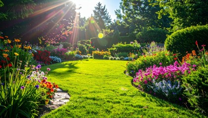 Obraz premium Beautiful Sunny Garden with Vibrant Flowers and Lush Greenery