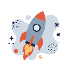Fototapeta premium Rocket ship flying through space with stars and planets vector illustration in flat style 