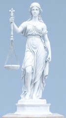 Lady Justice figure holding scales, draped in flowing robes, against a plain background