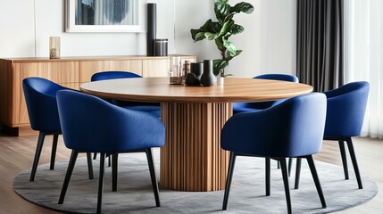 Modern Dining Room With Round Table And Blue Chairs Interior Design