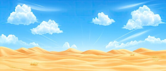 Obraz premium Sunny desert landscape with dunes under a blue sky with puffy clouds and some grassy vegetation