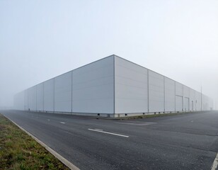 Obraz premium Modern Industrial Warehouse in Foggy Weather on a Quiet Road