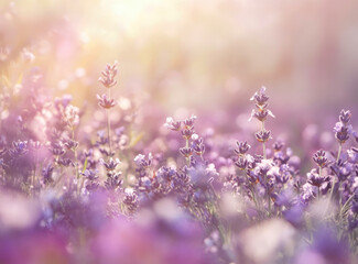 Naklejka premium Summer lavender field with purple flowers in bloom, soft pastel colors of nature, blurred natural landscape background, serene Provence-style meadow scene