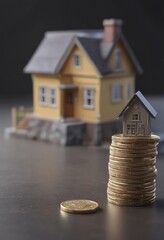 Miniature house & coin stack symbolizes home loan ,  money,  finance