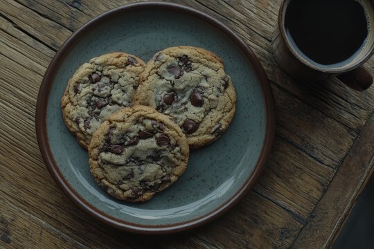 Chocolate chip cookies on a plate with coffee