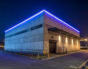 Obraz premium Modern Urban Warehouse at Night with Blue Neon Lights