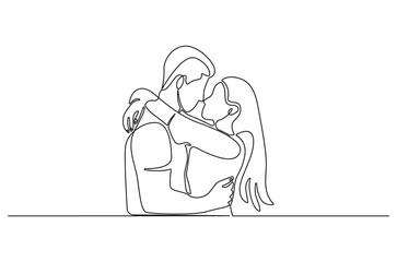 Continuous one line drawing of Couple almost kiss. Single line drawing illustration of A woman and a man hug. Wedding or valentine's concept vector art. Doodle line illustration.
