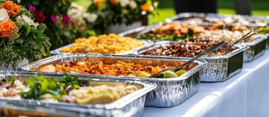 Outdoor banquet featuring a diverse selection of appetizers in foil containers