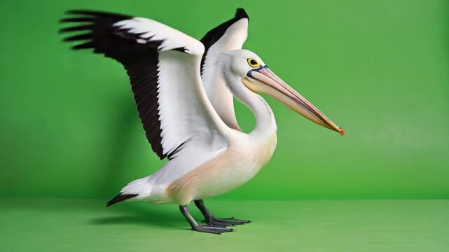 A majestic pelican with white feathers standing tall against a vibrant green backdrop studio shot green screen video