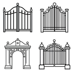 Gate Collection, Assorted Entrance Styles, Decorative Ironwork, Outline Art on Transparent