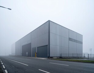 Fototapeta premium Modern Building in Foggy Weather Along Empty Roadway in Cityscape