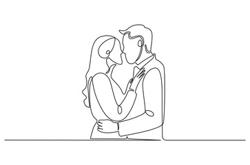Continuous one line drawing of Couple almost kiss. Single line drawing illustration of A woman and a man hug. Wedding or valentine's concept vector art. Doodle line illustration.