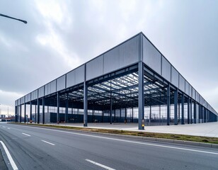Obraz premium Modern Industrial Warehouse Under Construction with Steel Framework