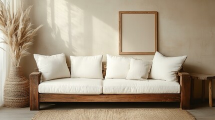 Rustic Living Room Interior With Wooden Sofa And Pampas Grass