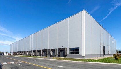 Obraz premium Modern Industrial Warehouse with Loading Docks and Clear Blue Sky