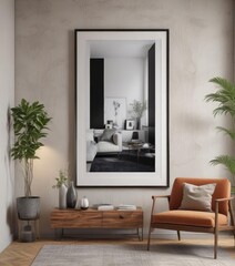 Stylish living room with framed poster, clipped to a wall ,  photography,  illustration,  room interior