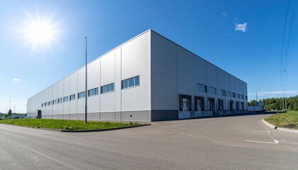 Obraz premium Modern Industrial Warehouse with Clear Skies and Bright Sunlight