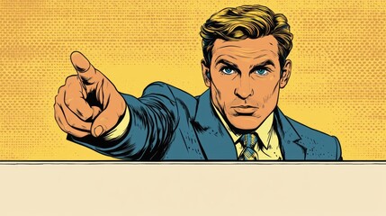 Retro pop art man indicates pointing finger on screen with confidence expression