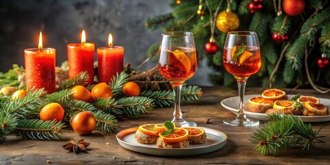 Festive holiday table set with Aperol Spritz and winter dessert, surrounded by evergreen branches and candles , festive holiday, spritz drink
