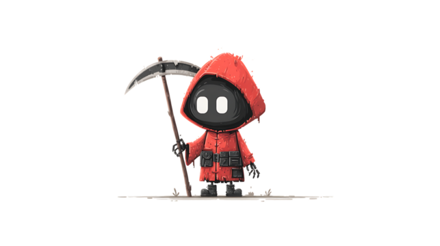 A mysterious figure in a red cloak holding a scythe perfect for fantasy and Halloween themes