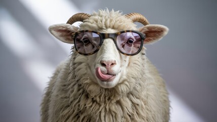 Obraz premium Whimsical sheep in sunglasses with tongue out against studio wall backdrop