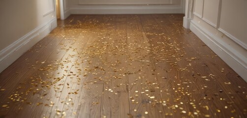 Golden confetti bursts across hardwood floor, sunlit  ,  gold,  birthday,  achievement
