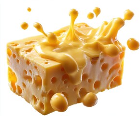 Yellow cheese block with creamy sauce splashing on top, showcasing texture and rich flavor, perfect for culinary or food presentation themes