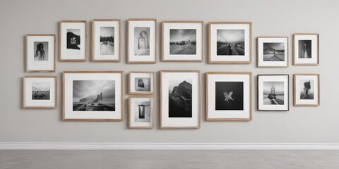 Gallery wall mockup; customizable frames, various sizes & styles, white background,  rustic,  photos