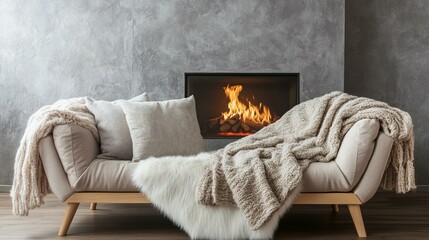 Fototapeta premium Cozy Living Room With Fireplace And Stylish Couch. Hygge Interior Design