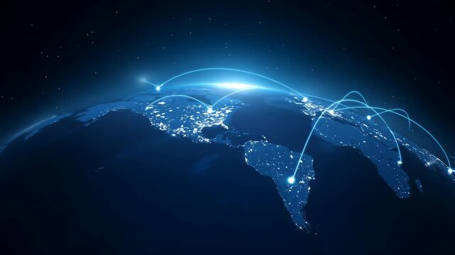 Digital globe blue lines connecting global network dots showcasing worldwide connectivity.