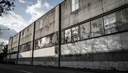 Fototapeta premium Abandoned Industrial Building with Weathered Facade and Broken Windows