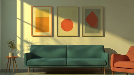 Modern Living Room Interior With Geometric Art & Sunlight