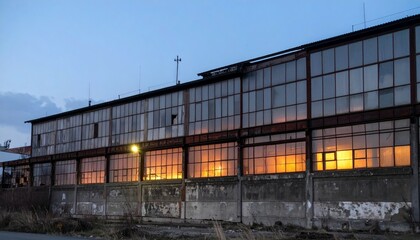 Obraz premium Abandoned Industrial Building with Warm Light Reflection at Dusk