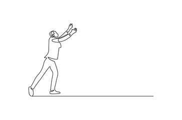 Continuous one line drawing of Happy businessman and raise hand. Single line drawing illustration of Young businessman. Success business concept vector art. Doodle line illustration.