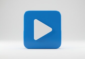 A blue square button with a white play symbol in the center isolated on white background