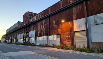Fototapeta premium Rusty Industrial Warehouse with Weathered Metal Facade and Windows