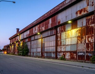 Aging Industrial Warehouse with Rust and Dim Street Lighting at Dusk