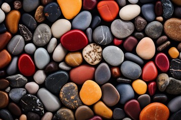 A colorful array of smooth stones creates a vibrant and textured pattern