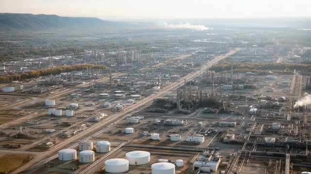An aerial view of a sprawling oil refinery showcasing rows of tower structures and large storage tanks interconnected by an intricate network of piping.
