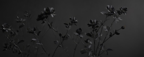 Deep charcoal blossoms & stems, elegant black floral pattern on dark grey backdrop ,  monochrome,  print