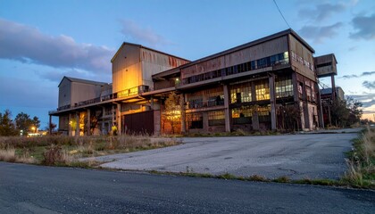 Obraz premium Abandoned Industrial Building at Dusk with Warm Glow of Lights