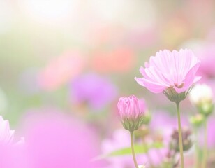 Fototapeta premium Delicate Pink Flowers Blooming in Soft Gentle Light Garden Setting