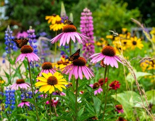 Vibrant Garden Scene with Colorful Flowers and Butterflies in Bloom