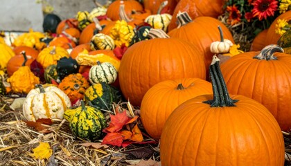 Vibrant Display of Colorful Pumpkins and Gourds for Fall Season