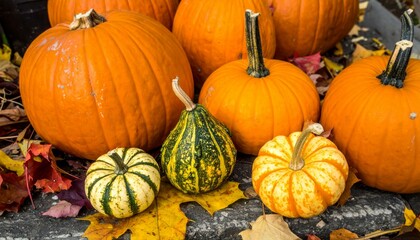 Bright Orange Pumpkins with Colorful Gourds Surrounded by Leaves