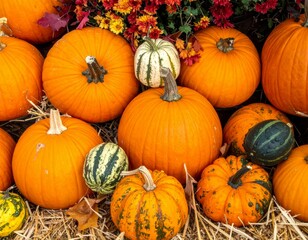 Vibrant Display of Pumpkins and Gourds in Autumn Harvest Scene