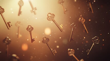Antique keys falling in golden light